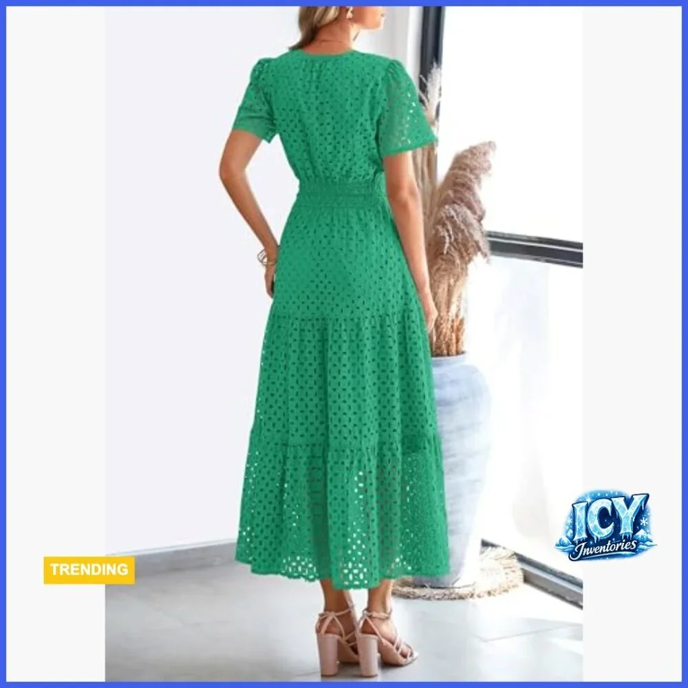 Cotton Eyelet Maxi Dress V-Neck Hollow Out Beach Vacation Formal